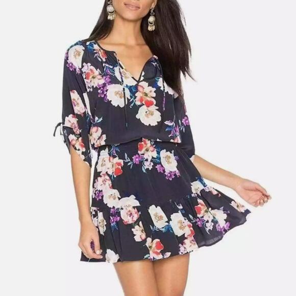 YUMI KIM Steffee Floral Silk Dress 3/4 Sleeve Fit & Flare Tie Front Black Size M - Picture 1 of 5